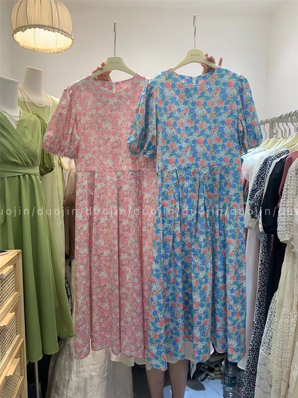 [multi gold] Korean Ladies' printed round neck dress 7171\hjy