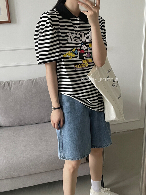 【 love 】 Korean version foreign style Lapel bubble sleeve stripe cartoon printed short sleeve T-shirt (T-shirt only) z1131\hbx
