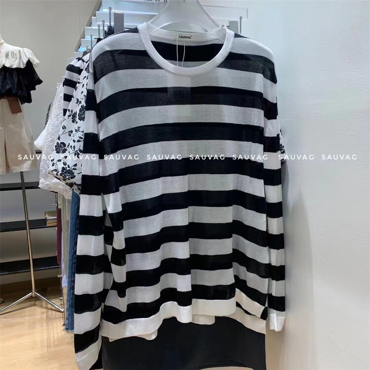 [sauvag] round neck contrast stripe loose long sleeve T-shirt 9016\zjy