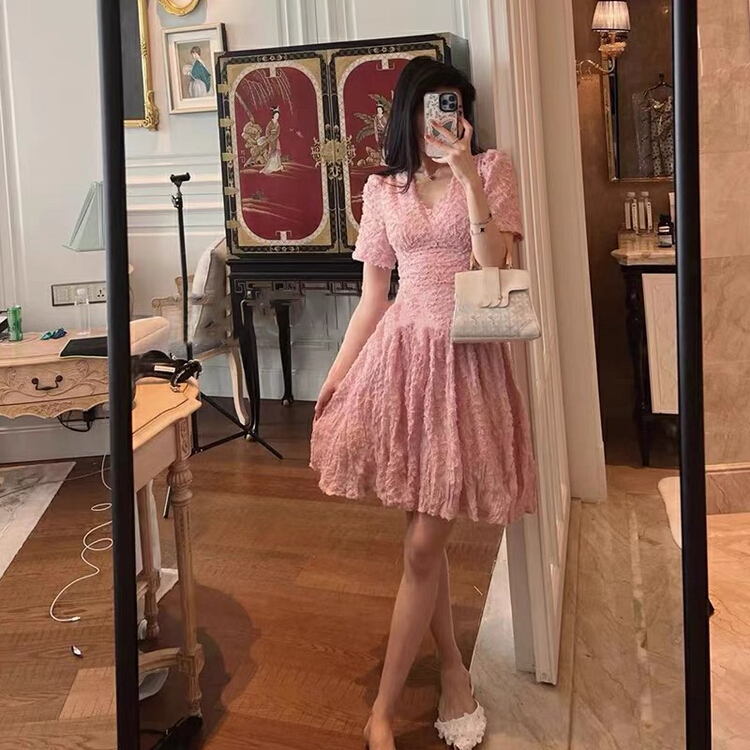 [jun.t] French soft and sweet Chiffon V-neck bubble sleeve dress 5891\pcz