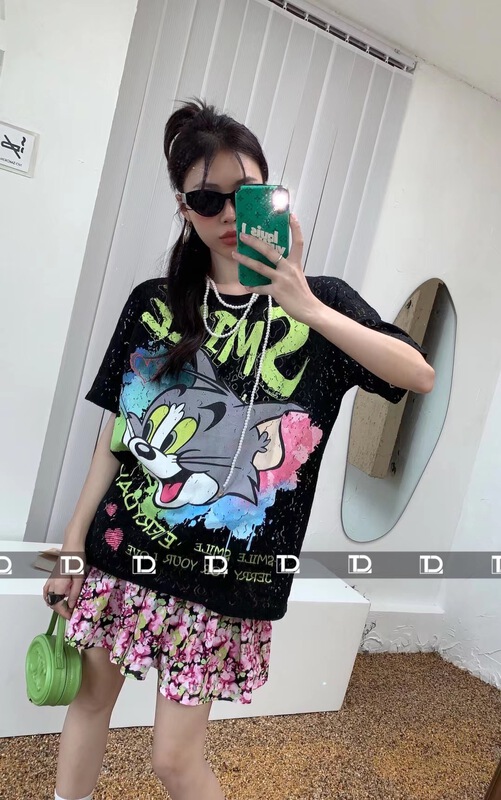 [tangdou original] lace cartoon printed short sleeve T-shirt 9699\wtt