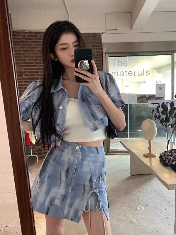 [jun.t] hot girls fried Street tie dyed short sleeve denim jacket + temperament skirt suit (with tie rope) 6105\pcz