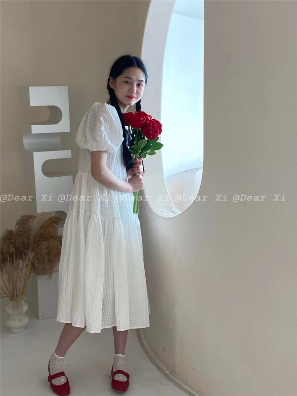 [far.xi] round neck bubble sleeve small fresh dress 6671\lsw