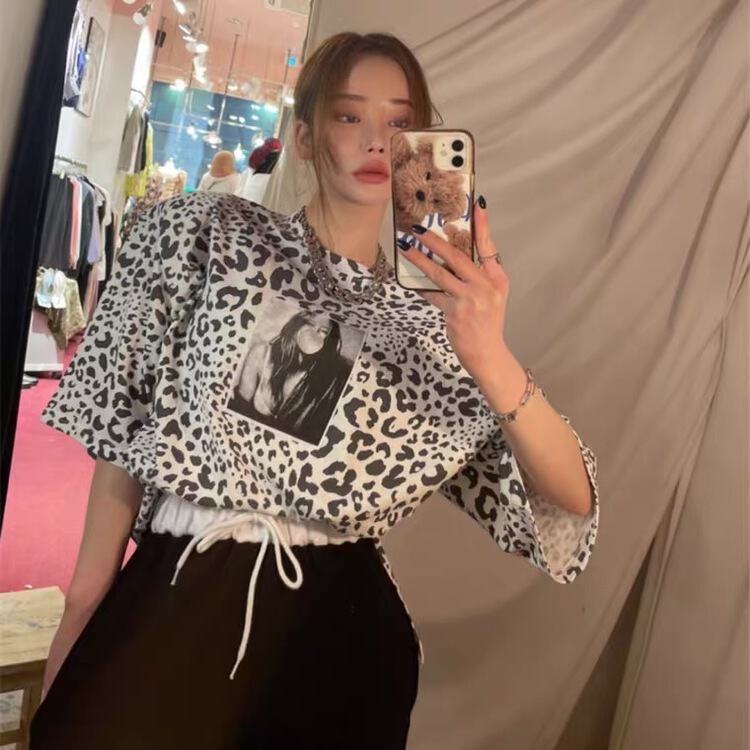 [Amy] leopard print Pullover short sleeve T-shirt 8189\wtt