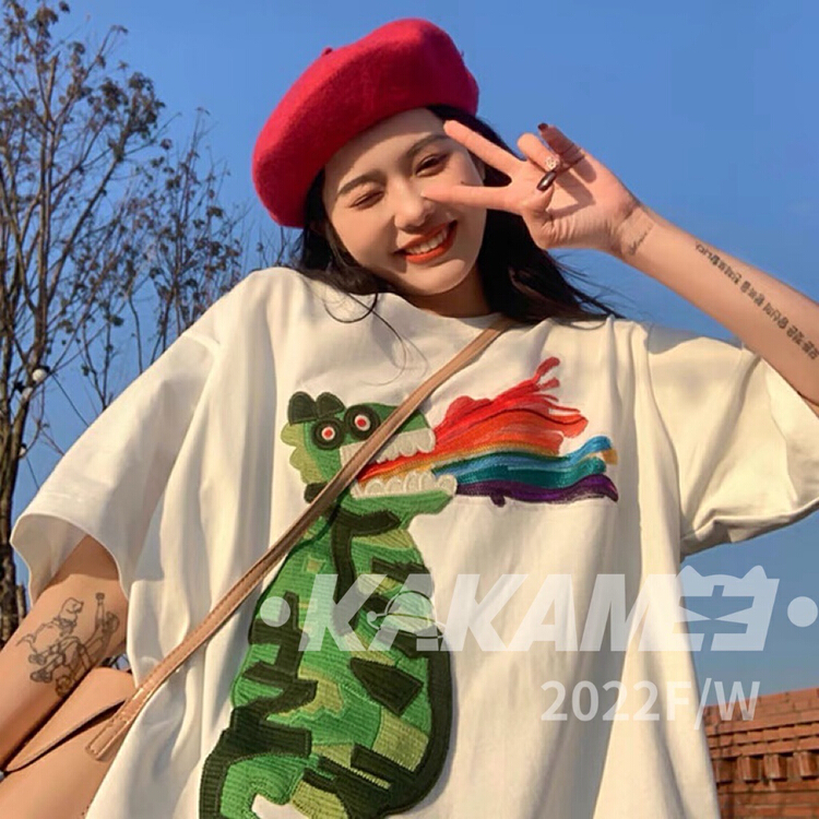 [kakamee] heavy industry 3D embroidery sequined dinosaur short sleeve T-shirt 5023