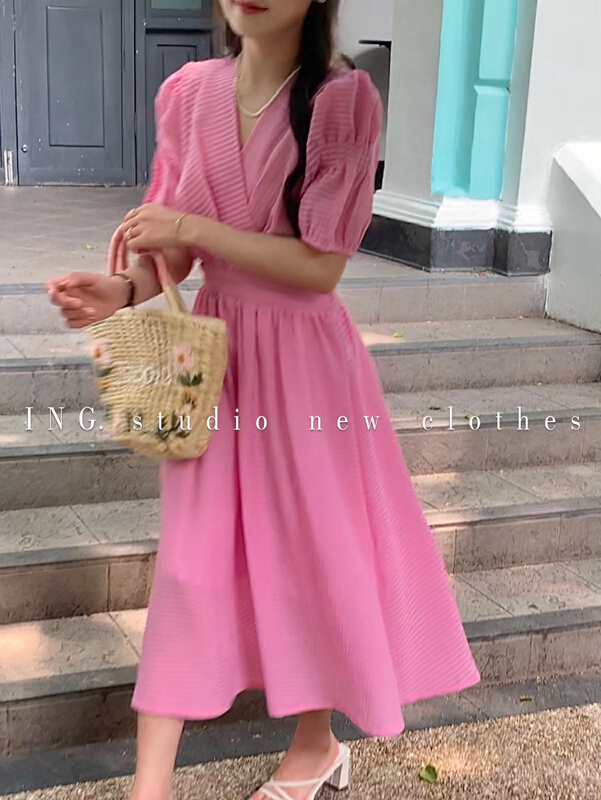 [ing] French elegant V-neck small Plaid Dress 9019-1