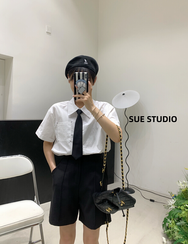 [Sue studio] simple pocket short sleeve hemmed shirt (only selling shirts) 22295\zjy