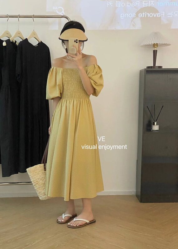 [ve] check bubble sleeve loose dress 99028\hbx