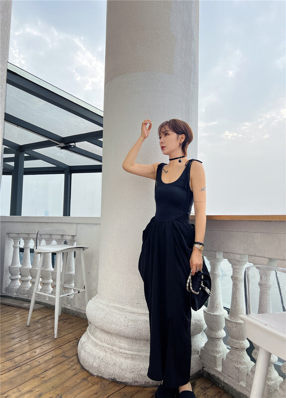 [semi plain] Korean V-neck drawstring versatile Sling Dress e601\zjy