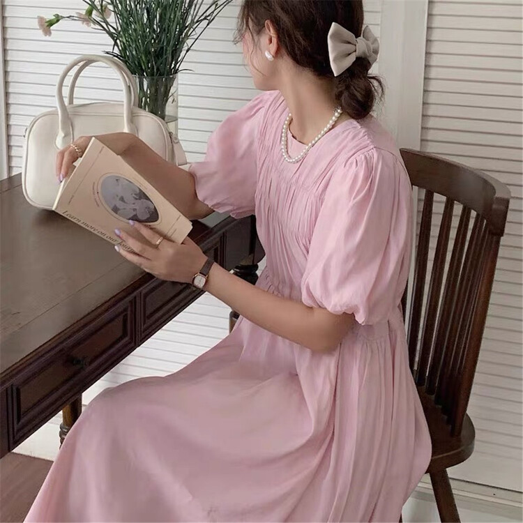 【E】 Fresh and simple round neck bubble sleeve dress ys1-j050\xyy