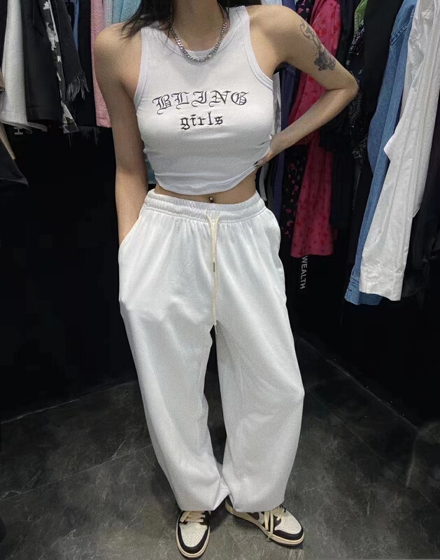 [c.h.z] letter printed suspender Vest + loose straight casual pants set 90932\wtt