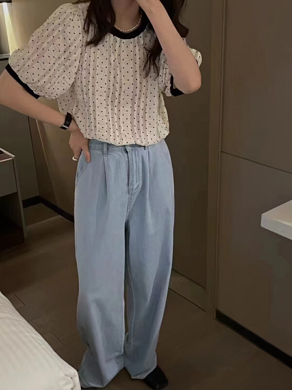 [baby] Korean style versatile color contrast edge Polka Dot Shirt 8655\wtt
