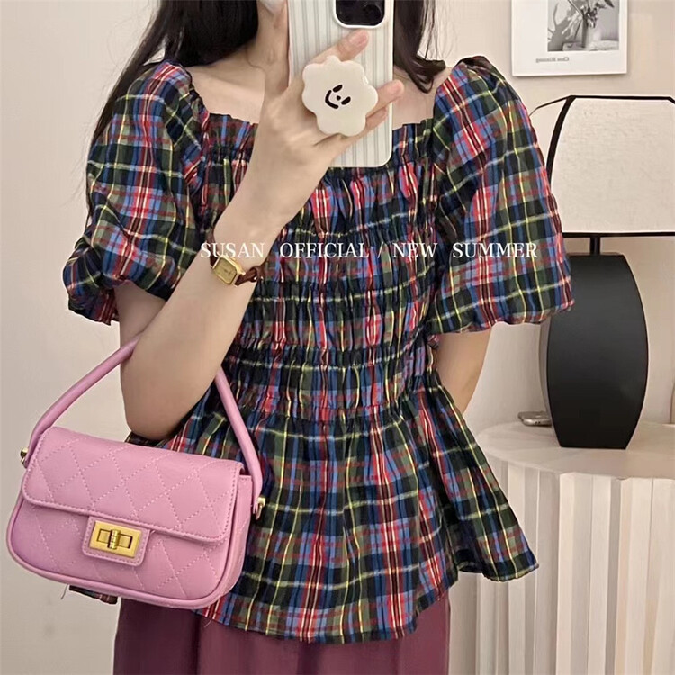【 Susan 】 square neck Plaid fashion shirt 19198\lsw