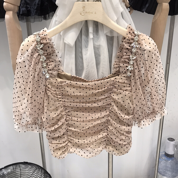 [Danling] Polka Dot fungus edge back elastic mesh shirt 9018\pcz
