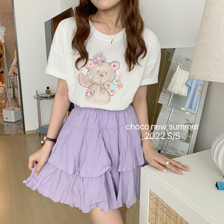 [choco] sweet girlish bear hot drawing short sleeve T-shirt (detachable with Brooch) 8360\hbx