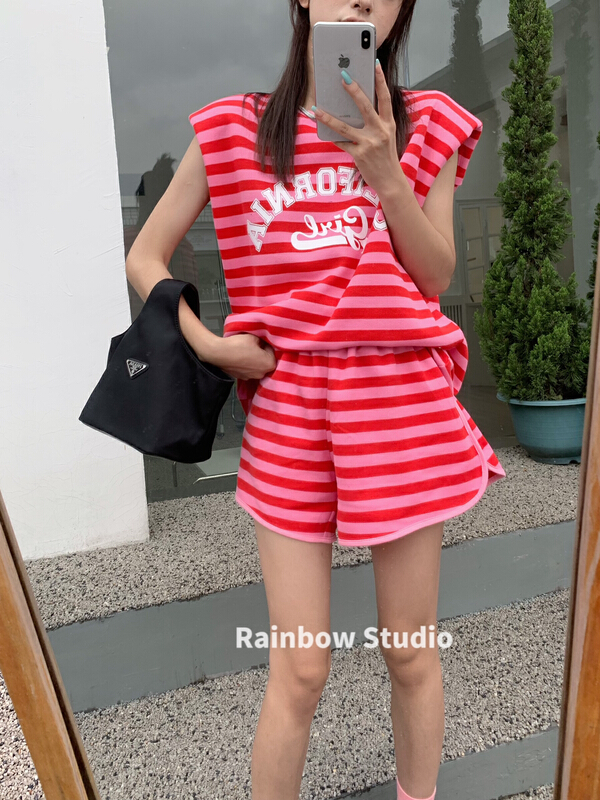 [rainbow] striped contrast lettered backless Vest + loose casual Shorts Set 08191\wtt