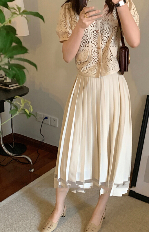 [jun.t] French hollow out round neck short sleeve shirt + slim skirt set 6155\pcz