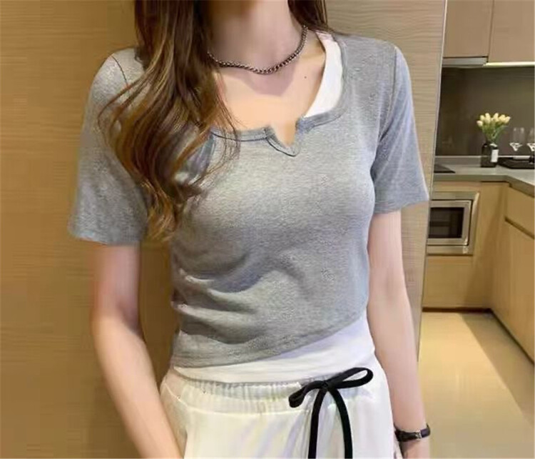 [Muzi family] slim fitting color block versatile short sleeve shirt 66957\xyy