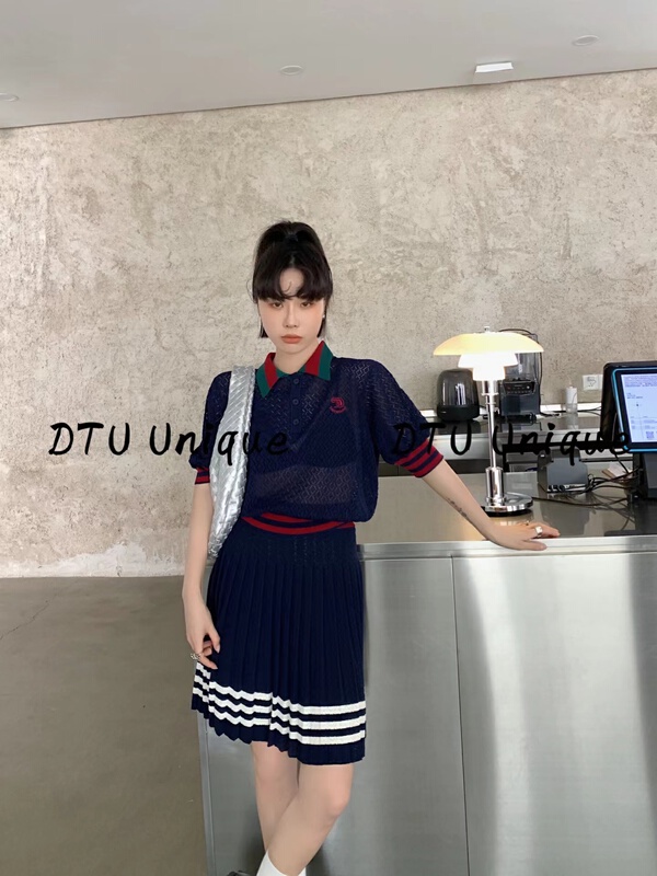 [DTU] color blocked fresh and simple blouse + slim skirt suit 33036\lsl