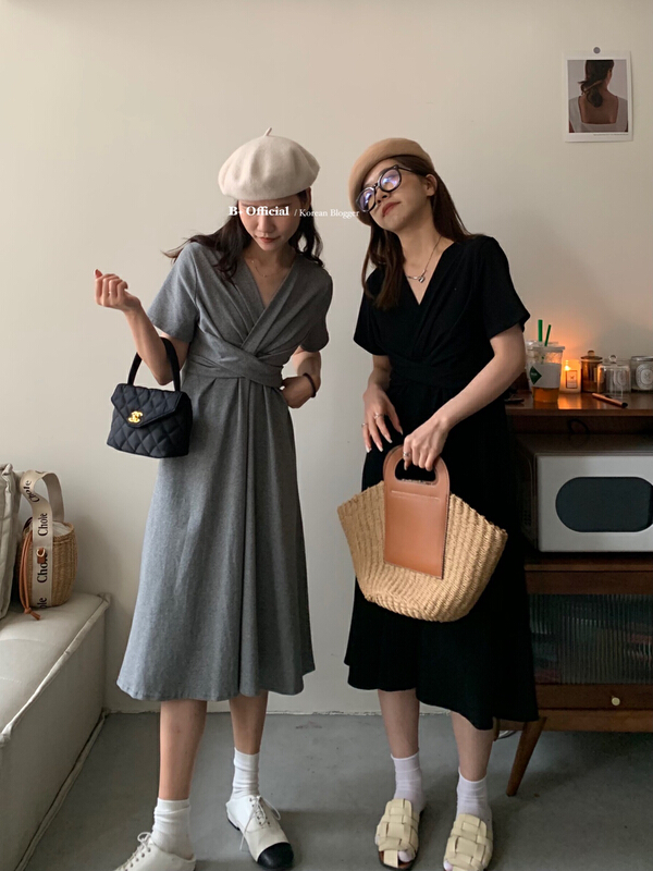[B plus] Korean V-neck versatile dress 22-9515-2\hbx