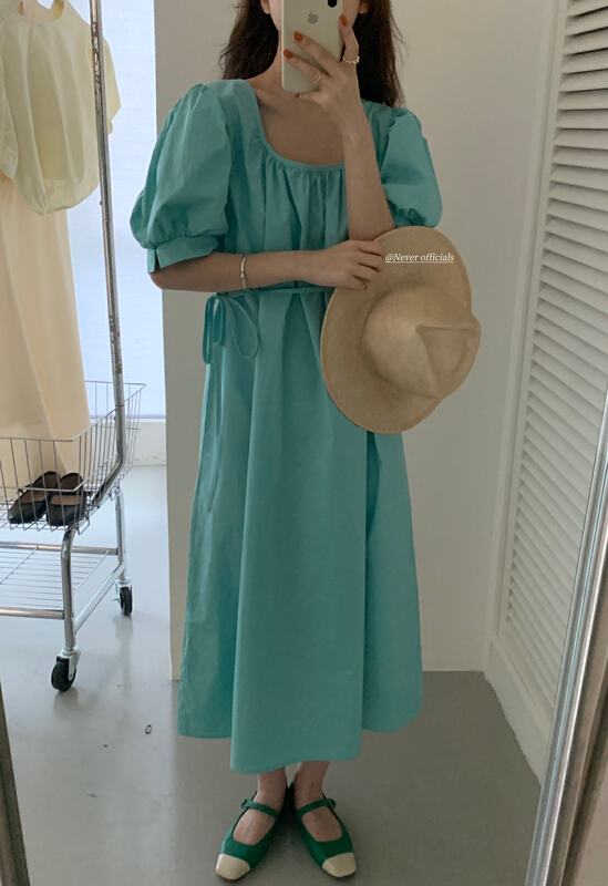 [jin.c] Korean version square neck loose bubble sleeve long dress (with waist rope) y093\xyy