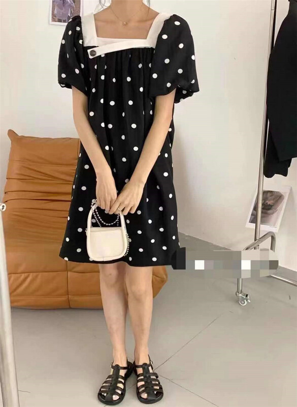 [Xiangli] temperament lady square collar polka dot print dress 2027\pcz