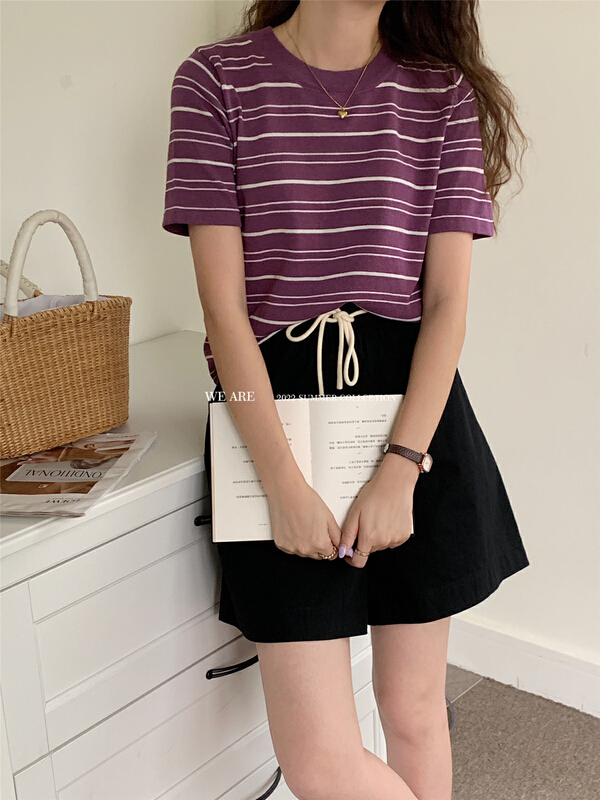 [we are] Vintage stripe loose short sleeve T-shirt 30077\zjy
