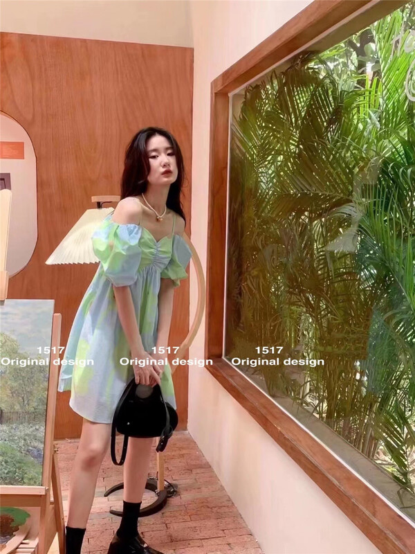 [1517] French style suspender off shoulder contrast Printed Dress l989\zjy