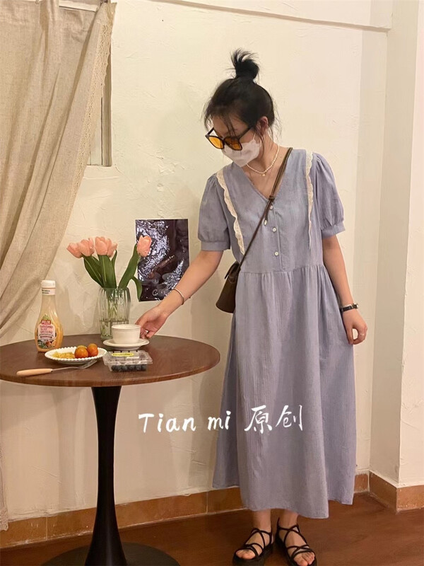 [Tian MI] V-neck lace edge fresh simple dress (only skirt) 8988\l