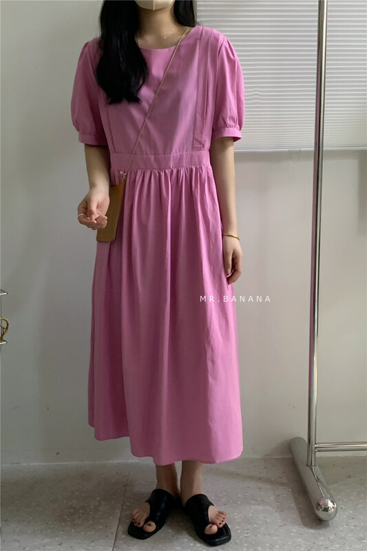 [mr.banana] round neck bubble sleeve Pleated Dress 1193\l