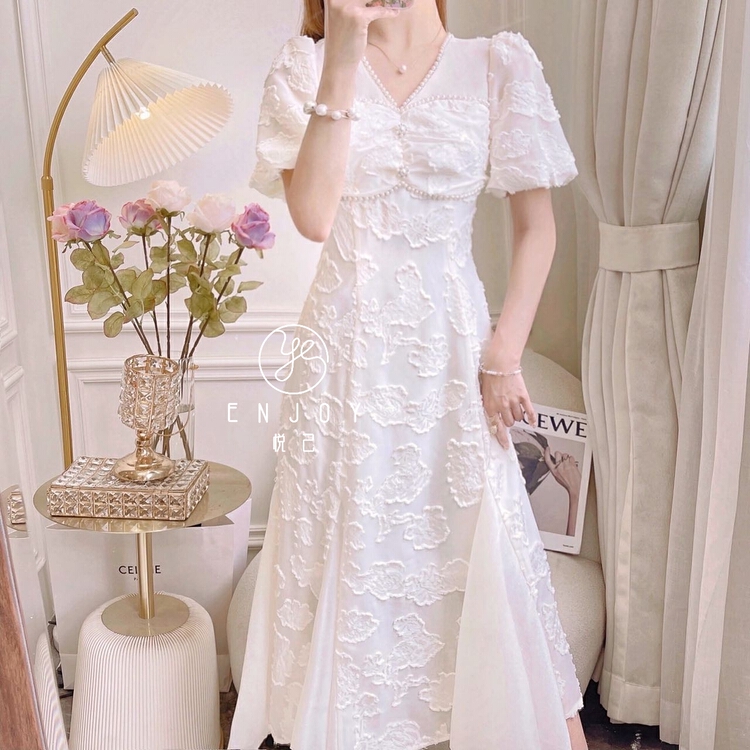 [enjoy · Yueji] Beaded bubble sleeve medium length dress 8909\pcz
