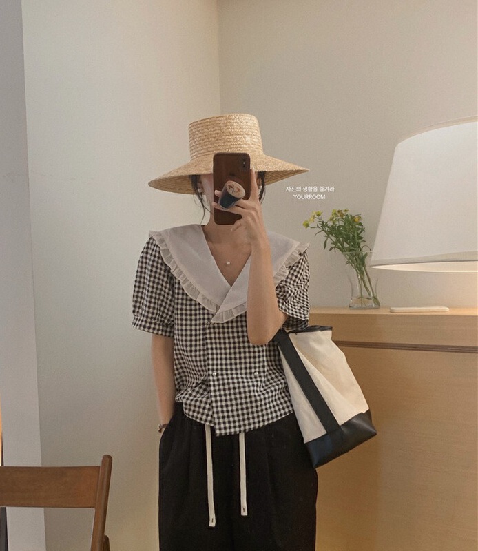 [your room] lady large lapel Plaid double breasted blouse 9235\zxx