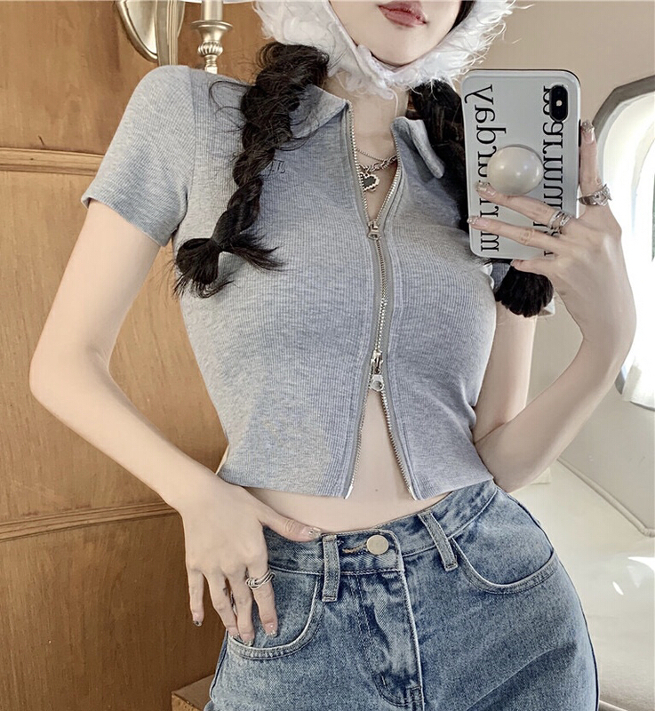 [xinyuanjieyi Xinyuan clothing] double zipper head polo collar embroidery pure desire spice girl short sleeve T-shirt 571\pcz