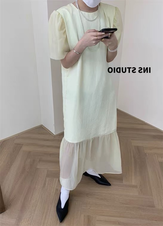 [xixi+] solid color crimped short sleeve dress b9051\wtt