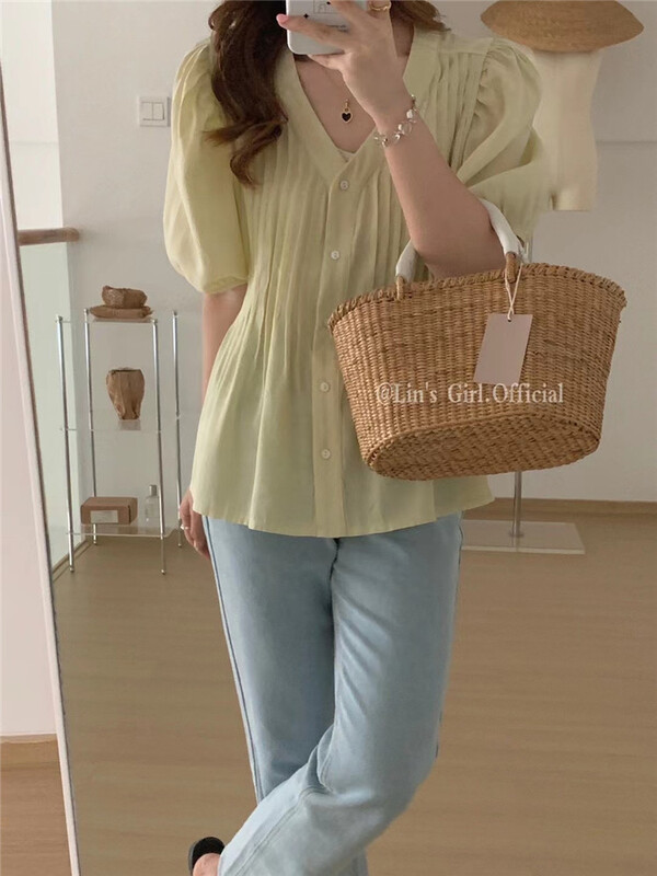 [sugar offices] Korean version V-neck casual single breasted shirt 1199\hbx