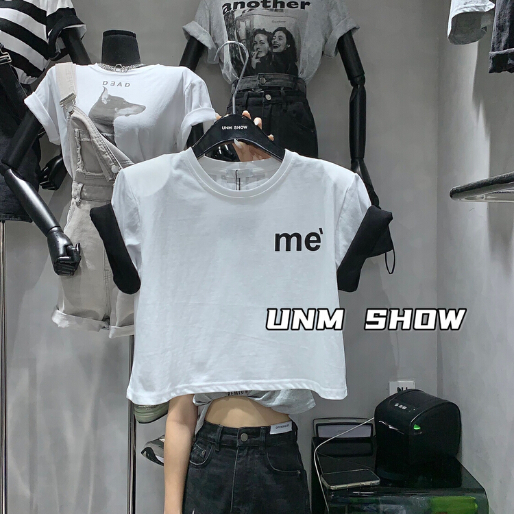 [unm-show] front and back printed stitched sleeves double layer short sleeve T-shirt 6286\wtt