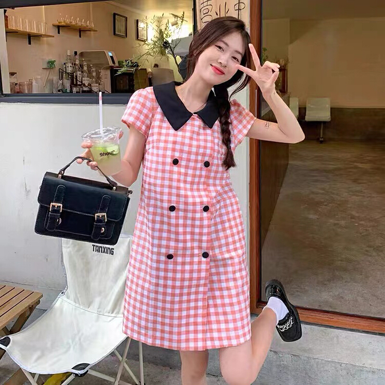 [am Gardenia] Korean retro color contrast polo collar patchwork dress 3609\pcz
