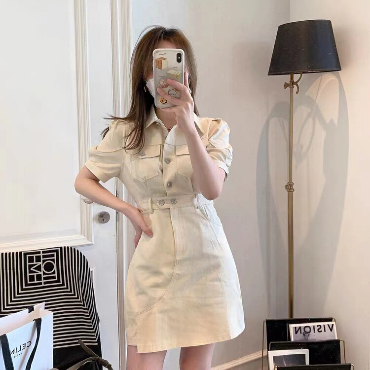[Dandan] Korean Lapel short sleeve waist dress 2228\lsw