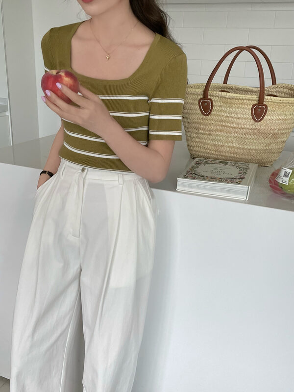 [feeding] Korean stripe slim fit square neck short sweater ys2-638\cls