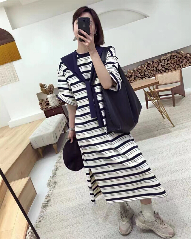 In early summer! [Xiaofan family] loose and thin striped medium long short sleeve dress (with cape) ys1-8228\lsw