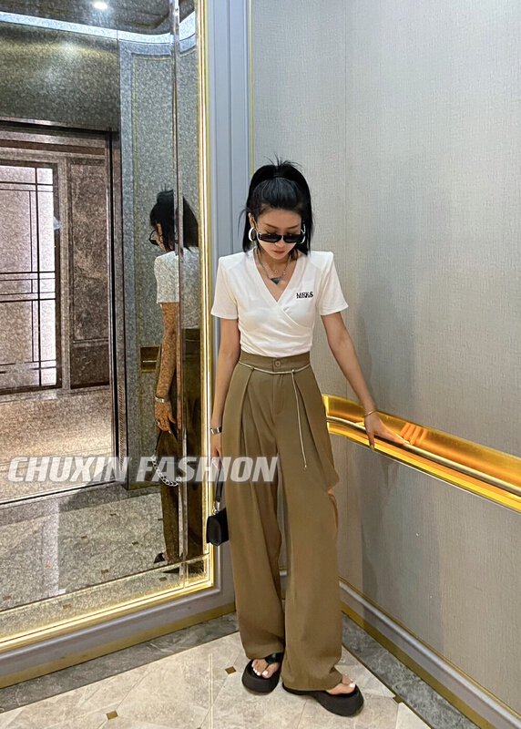 [c.x Chuxin] straight tube high waist slim hole casual pants (with waist rope) -k853\wtt