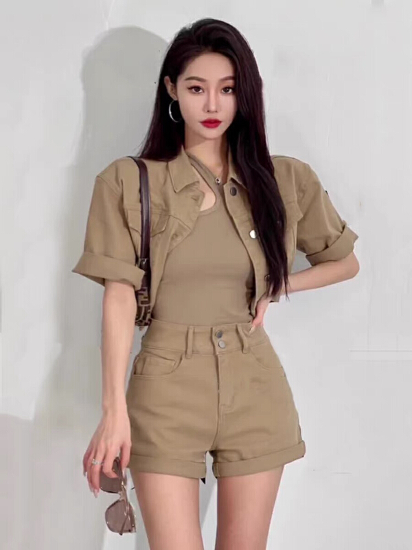[Huaxi] advanced short denim jacket + Vest + casual shorts three piece suit 9242\pcz