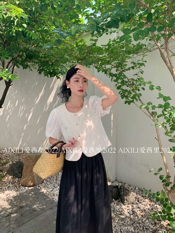 [aixili aixili] small fragrant style breasted bubble sleeve shirt 6609\wpl