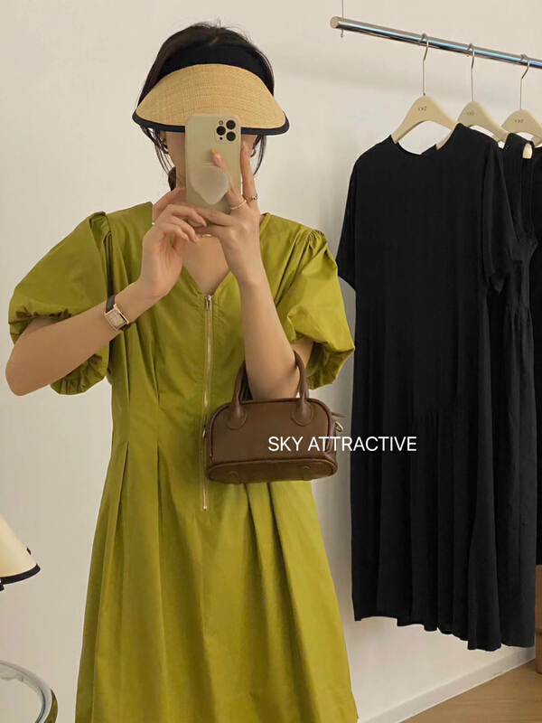 [sky] V-neck front zip bubble sleeve dress 19299\hbx
