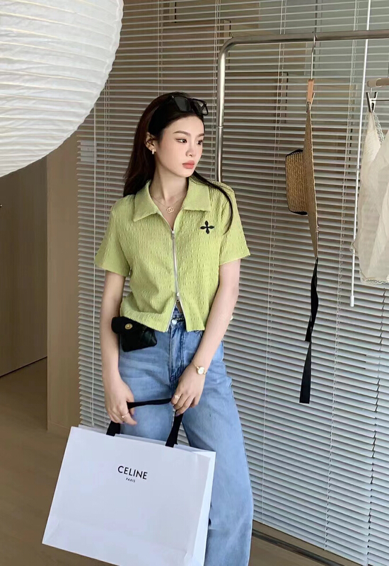[qixuaner] fashion trend bubble check Double Zip Polo short sleeve shirt 2631\lsw