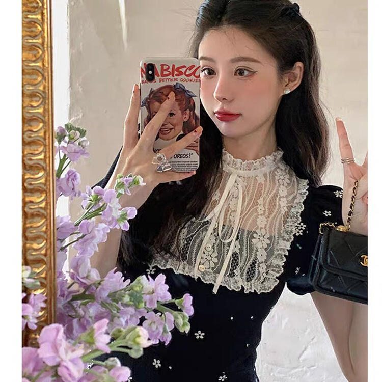 [dolly] French retro fragmentary flower soft and advanced Hepburn style small black dress 3939\pcz