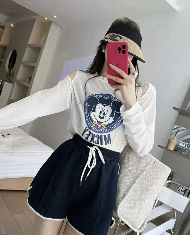 [JH] Mickey print sunscreen shirt + contrast casual Shorts Set 41859\pcz