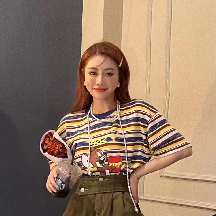 [ya.mei] round neck stripe casual comfortable short sleeve T-shirt 8817\ll
