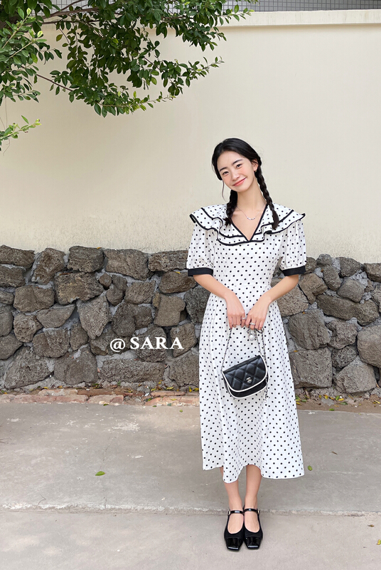 [Sara] contrast color edge wave point lady waist dress 88829\lwy