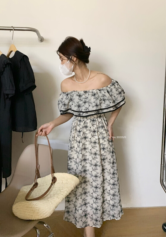 [thirten 13] temperament Embroidered Flower off shoulder dress 3125\xyy